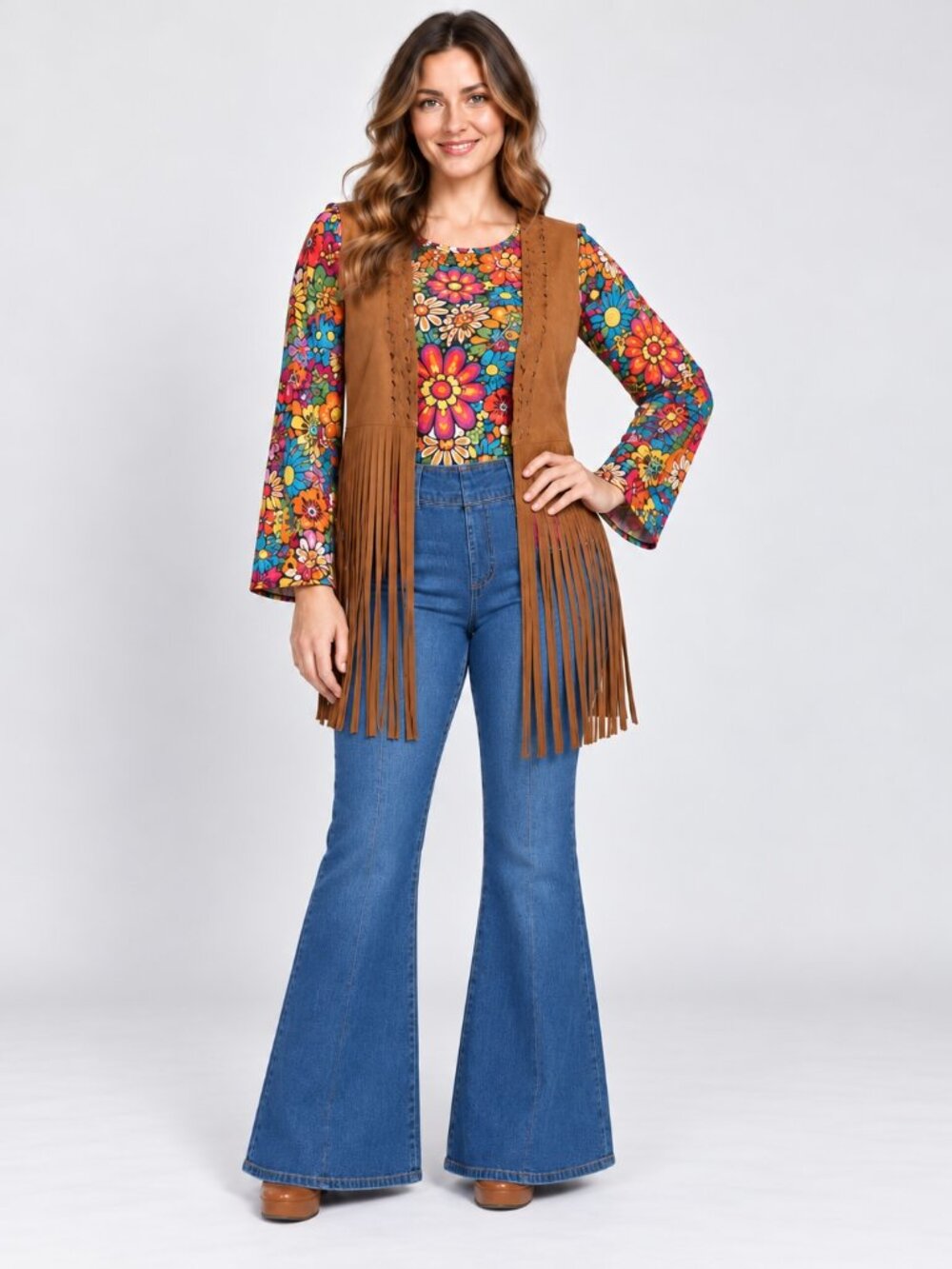 Women’s 70s Hippie Costume Set M/L Floral Top Bell Bottoms Fringe Vest